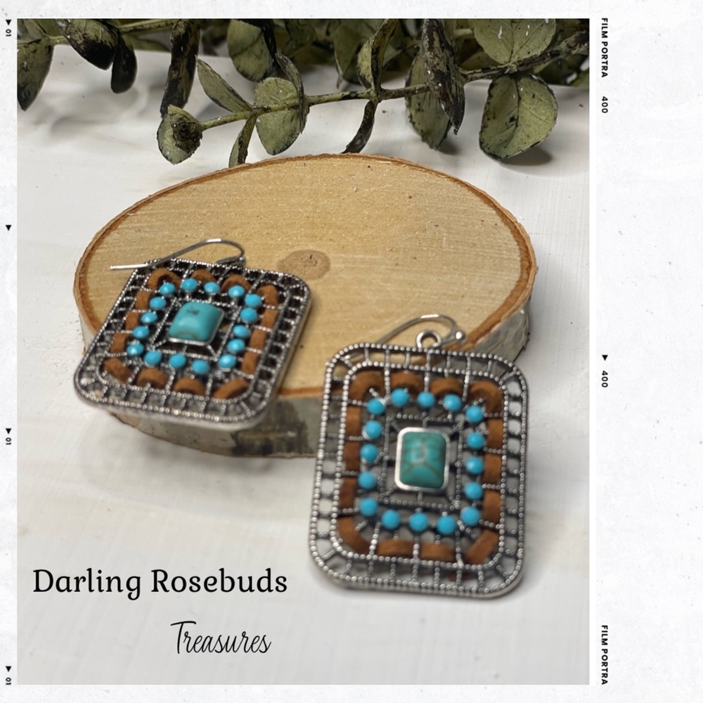 Leather & Turquoise Western Earrings – 1.5” Square Boho Southwest Jewelry